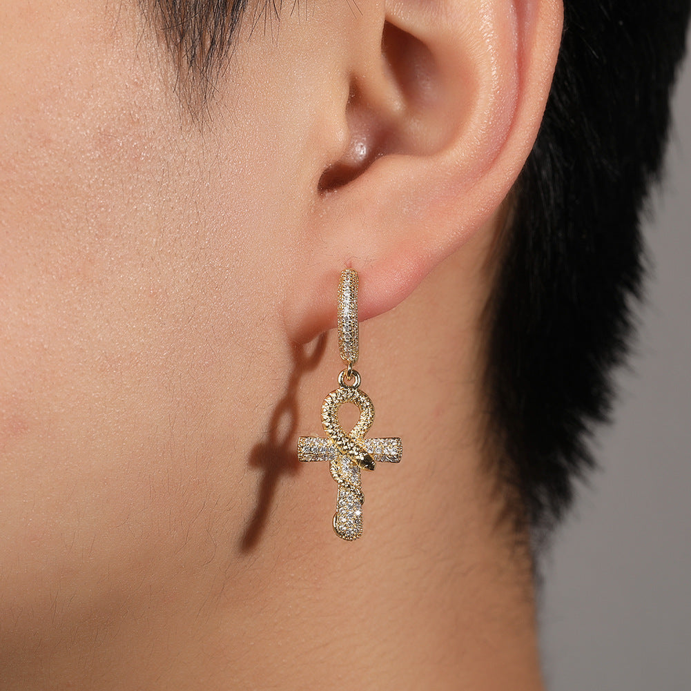 Men’s Gold Plated Snake Hoop Earrings with Crystal Dangle Statement Design product image