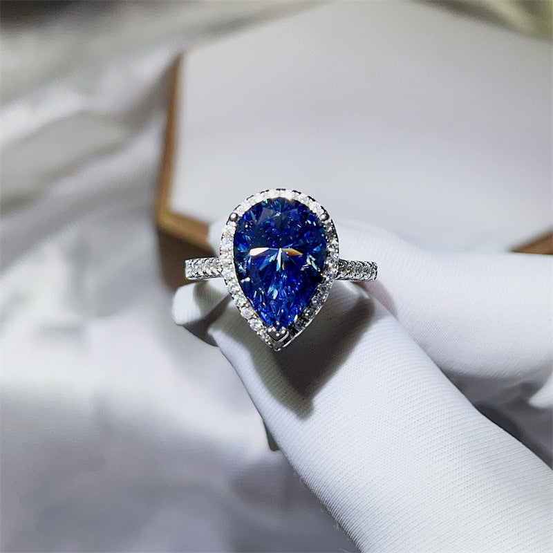 Blue Pear Cut Moissanite Halo Ring for Women, 1 Carat 2 Carat 5 Carat Engagement Ring product image