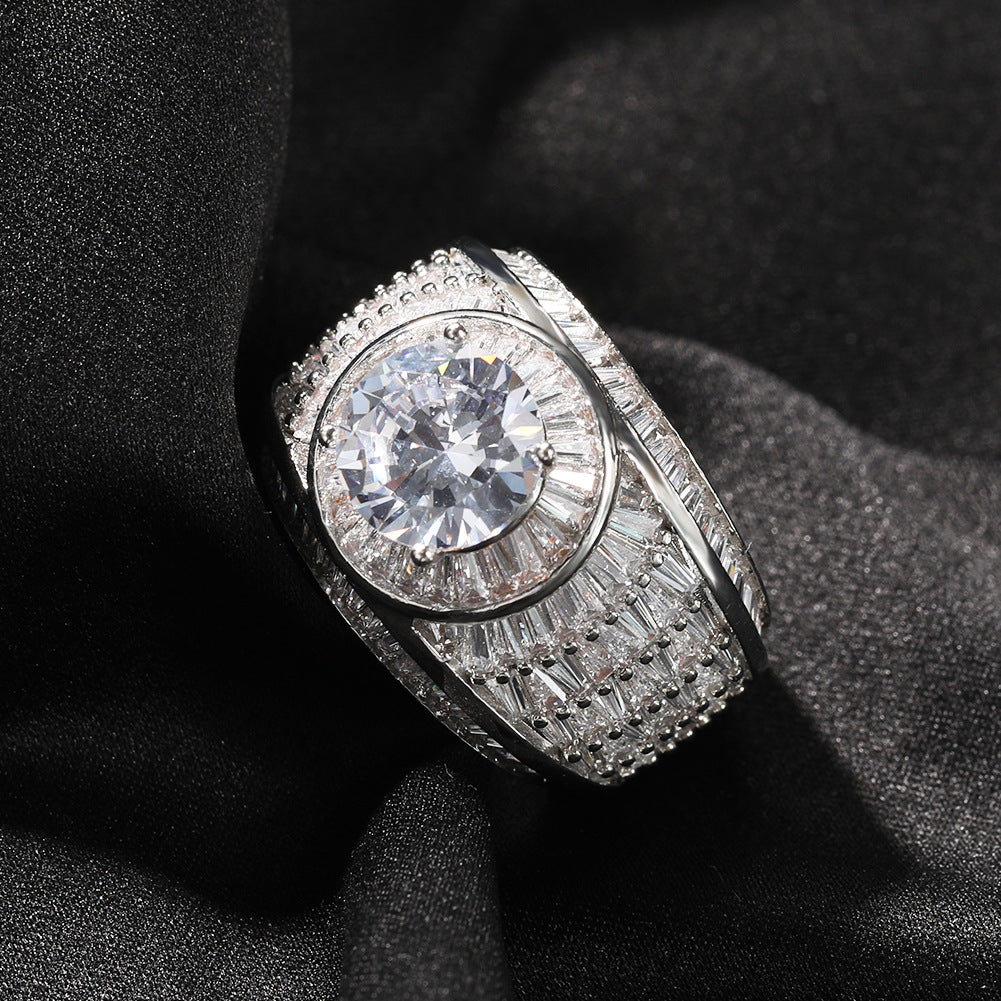 Silver tone round cubic zirconia wide statement ring on black fabric product image