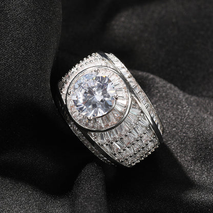 Silver tone round cubic zirconia wide statement ring on black fabric