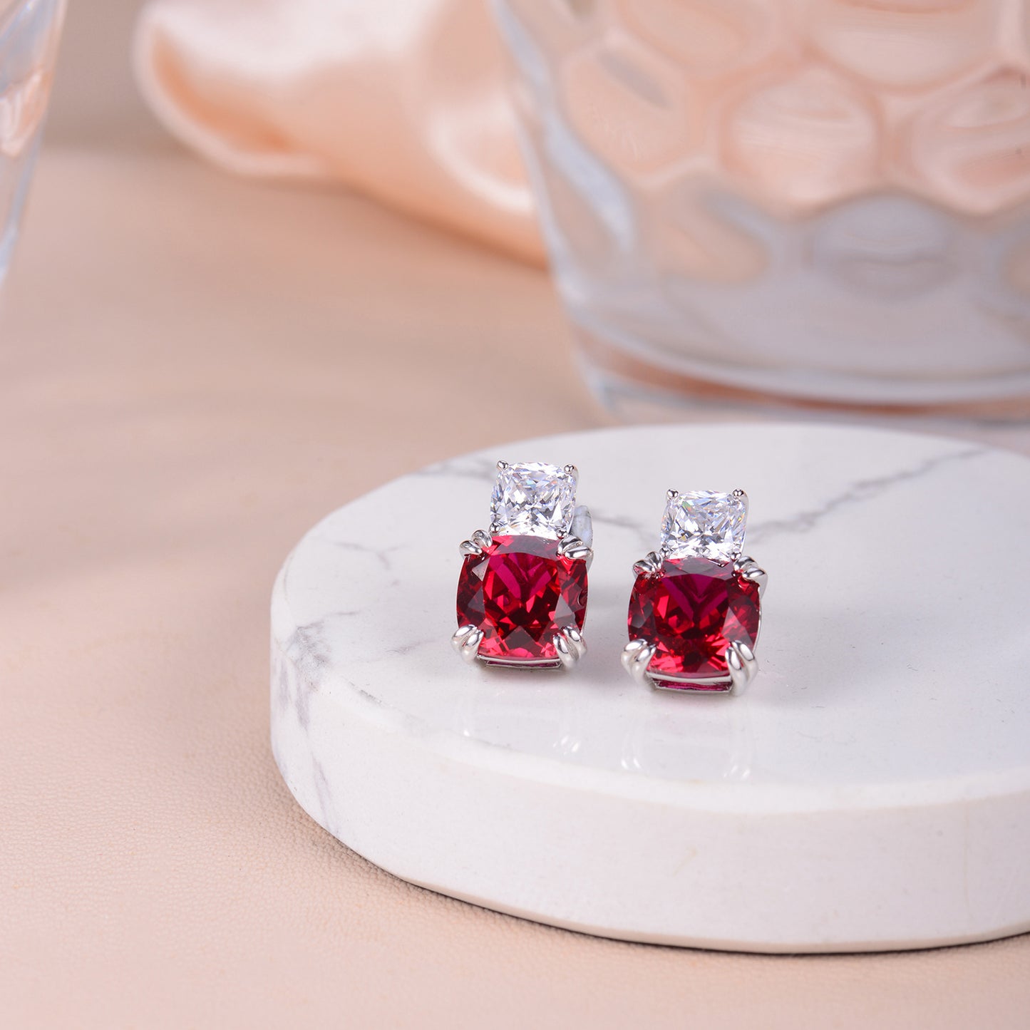 Blue Cushion Cut Stud Earrings for Women, S925 Silver, Square Gemstone Studs product image