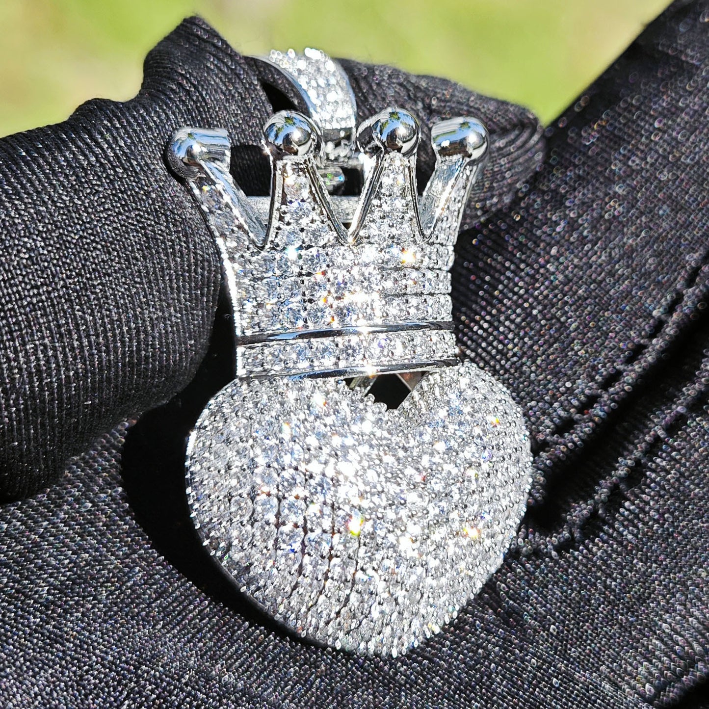 Unisex Iced Crown Heart Pendant Necklace
