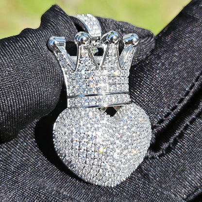 Unisex Iced Crown Heart Pendant Necklace