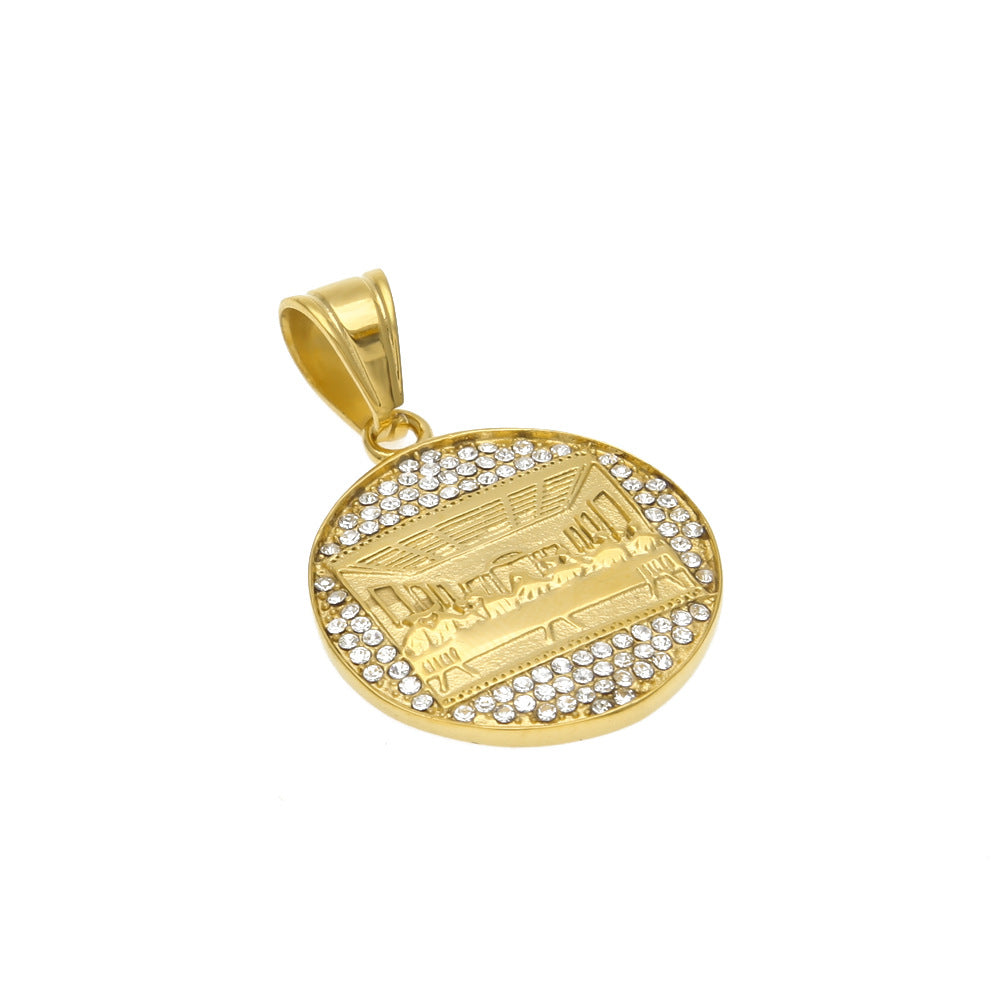Gold Plated Round Pendant Necklace with Crystal Accent Border and 3mm Cuban Chain product image