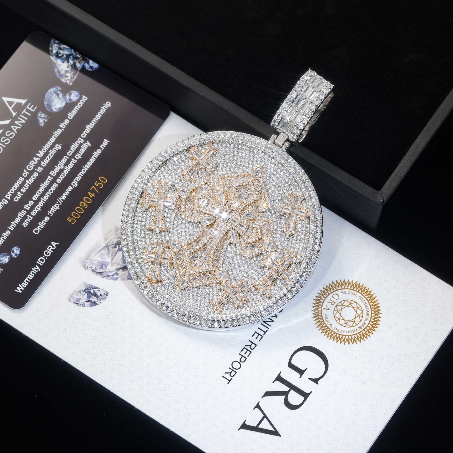 925 Silver Moissanite Cross Disc Pendant Necklace, Hip Hop Streetwear Chain