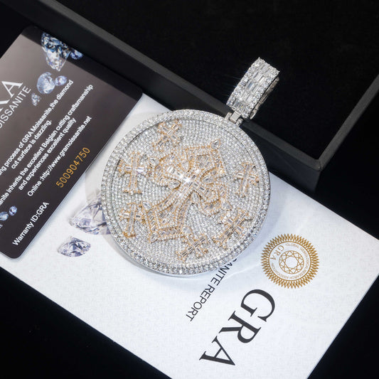925 Silver Moissanite Cross Disc Pendant Necklace, Hip Hop Streetwear Chain alternate product image