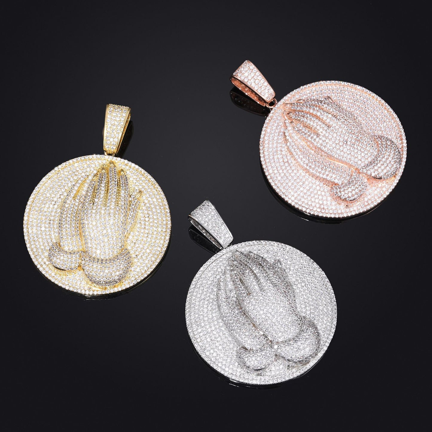 Men's Praying Hands Pendant Necklace, Iced Out CZ Round Medallion Chain product image
