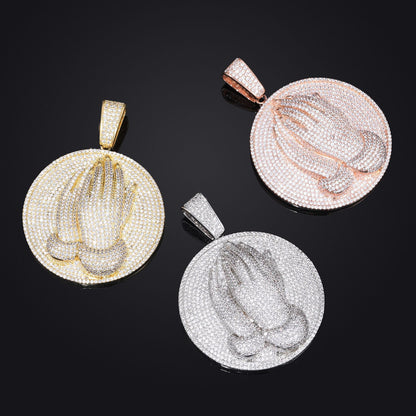 Men's Praying Hands Pendant Necklace, Iced Out CZ Round Medallion Chain