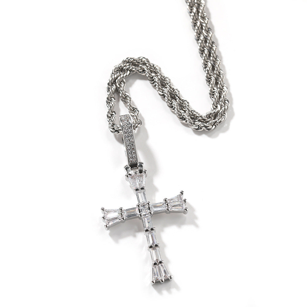 Iced Cross Pendant Necklace for Women and Men - Cubic Zirconia Statement Necklace with 24 Inch Twisted Chain in Gold or Silver Tone