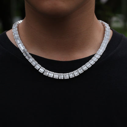 Unisex Iced Rectangular Cubic Zirconia Chain Necklace Pendant in Gold or Silver Tone, 18 Inch / 22 Inch