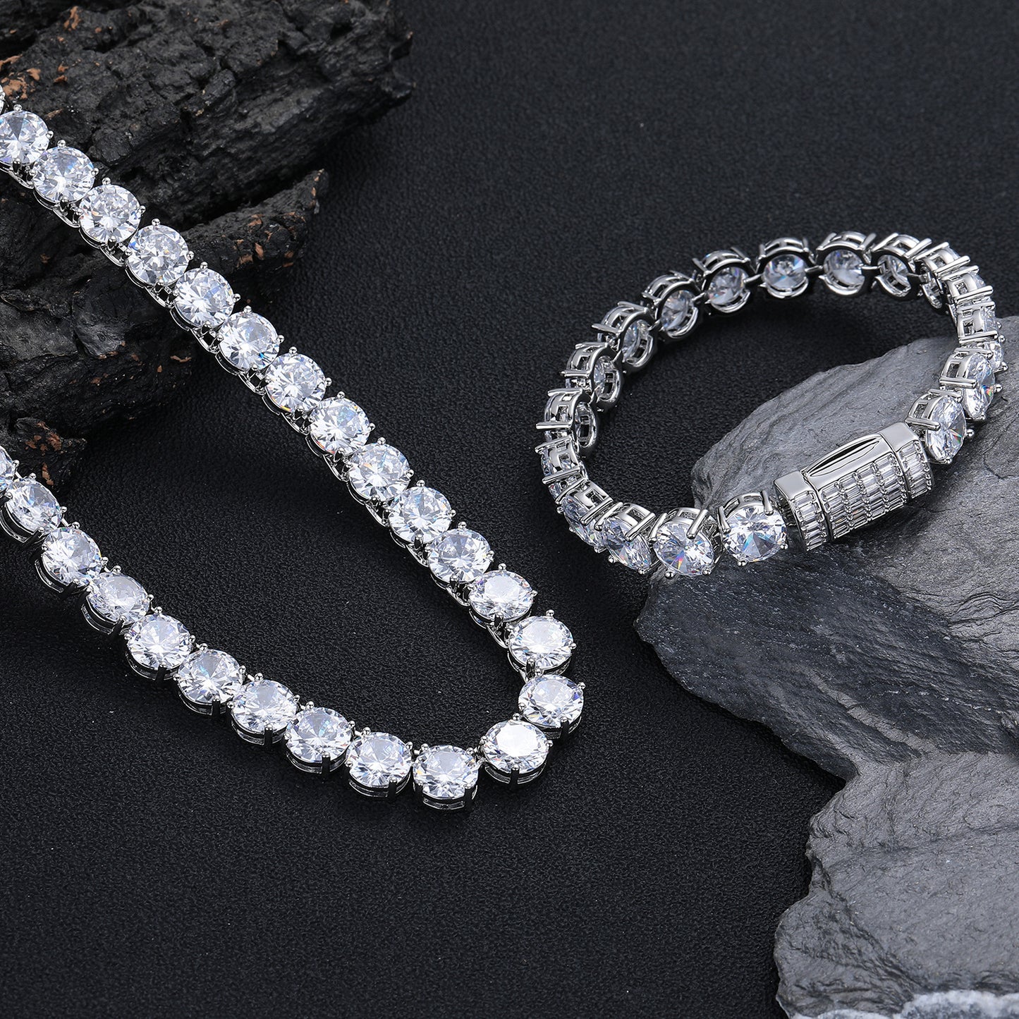 10mm Zircon Tennis Chain Necklace & Bracelet, Unisex Copper Round Stone Jewelry, White or Gold Tone
