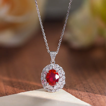 2 Carat Oval Lab-Created Ruby Halo Ring for Women, 925 Silver Red Gemstone Ring