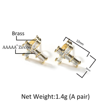 Unisex Cross Stud Earrings with Cubic Zirconia in Gold or Silver Tone