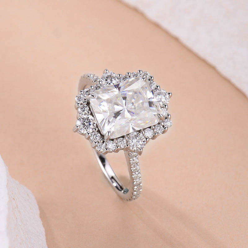 Radiant Cut Moissanite Halo Ring, 8x10 925 Sterling Silver Engagement Ring product image