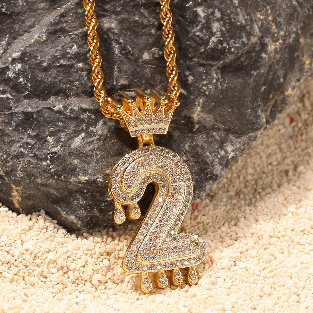 Iced Out Crown Number Pendant Necklace with 24 Inch Twisted Stainless Steel Chain, Gold or Silver Cubic Zirconia Hip Hop Statement Necklace