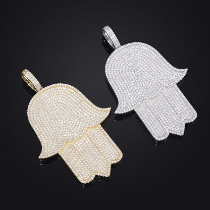 Hamsa Hand Zircon Pendant Necklace, Hip Hop Statement Chain Jewelry