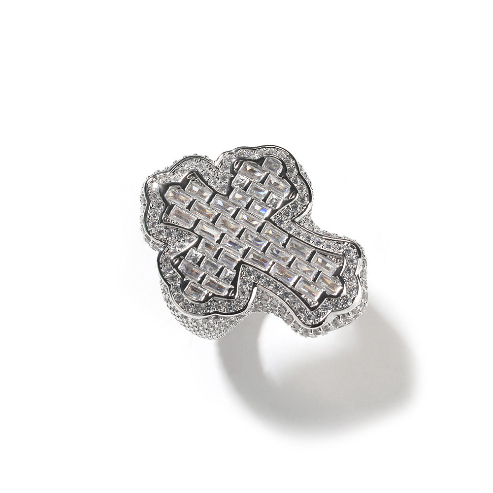 Unisex Iced Cross Ring with Cubic Zirconia, Gold Plated or Silver Plated Statement Ring