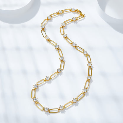 18K Gold Paperclip Link Moissanite Necklace, Round Stone Station Chain