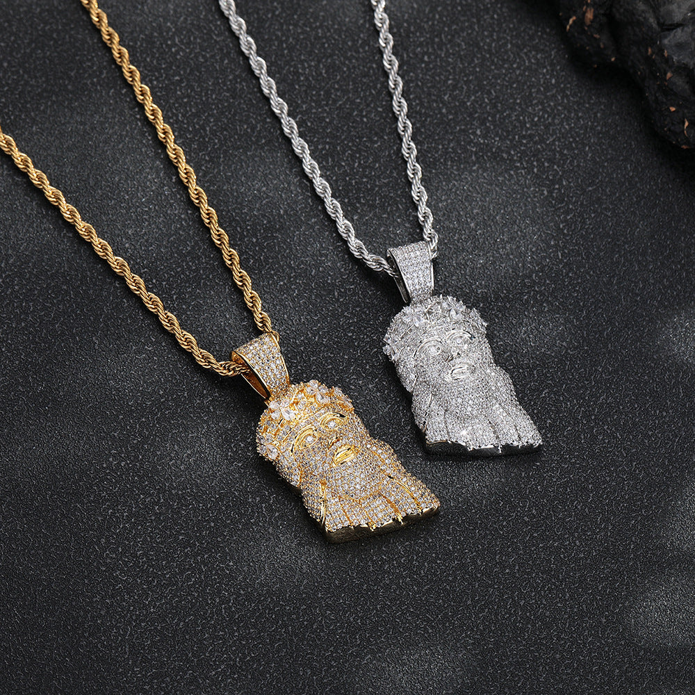 Hip Hop Crown Portrait Pendant Necklace with Twisted Rope Chain, Pave CZ Cartoon Face Jewelry, White-Tone or Gold-Tone product image
