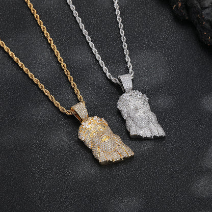 Hip Hop Crown Portrait Pendant Necklace with Twisted Rope Chain, Pave CZ Cartoon Face Jewelry, White-Tone or Gold-Tone