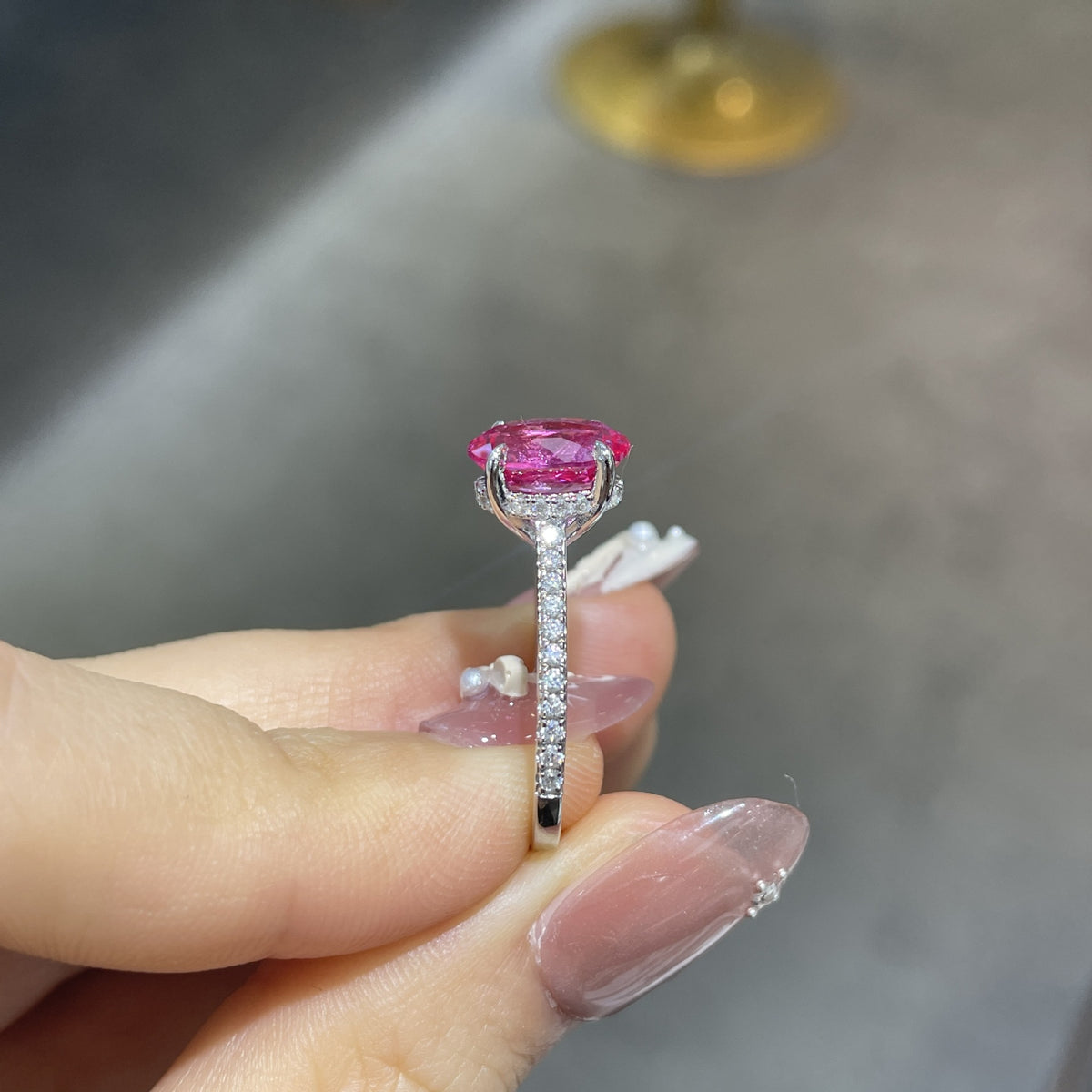 Lab-Created Ruby Oval Ring for Women, 925 Silver Pave Band Ring product image