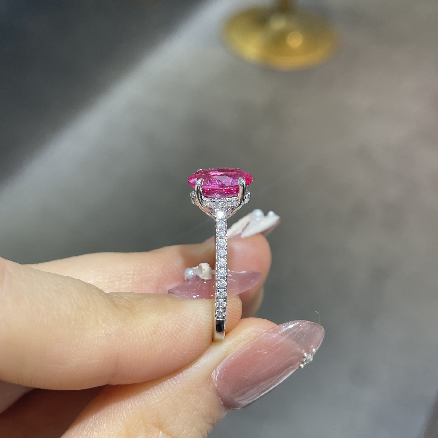 Lab-Created Ruby Oval Ring for Women, 925 Silver Pave Band Ring product image
