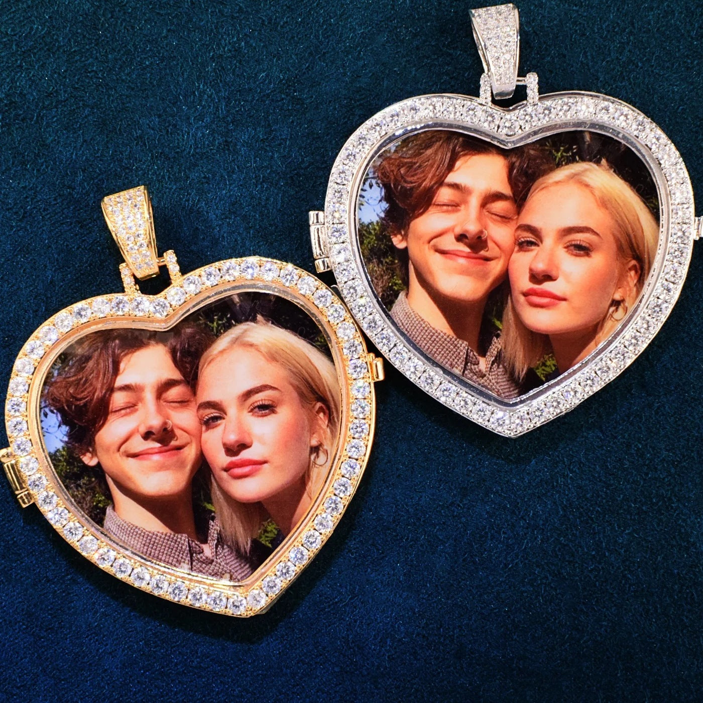 Unisex Iced Heart Photo Pendant Necklace