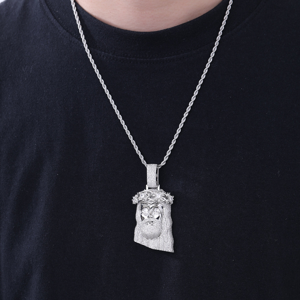 Jeweled Cartoon Face Pendant Necklace, 3MM Twisted Rope Chain, Gold Tone / Silver Tone product image