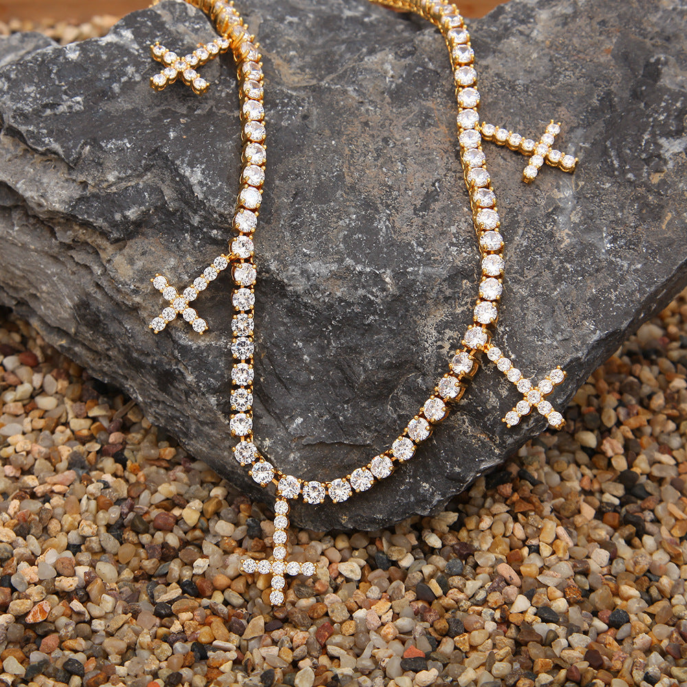 Iced Out Cross Pendant Necklace for Women & Men, Cubic Zirconia Tennis Chain in Gold Plated or Silver Plated