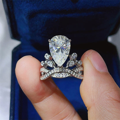 5 Carat Pear Cut Moissanite Crown Ring for Women, Halo Engagement Ring