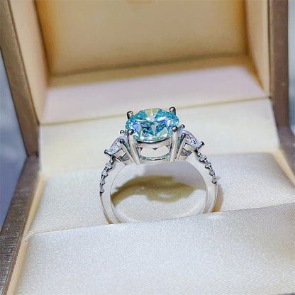 5 Carat Blue Green Moissanite Ring for Women, Micro Pave Halo Style Engagement Ring