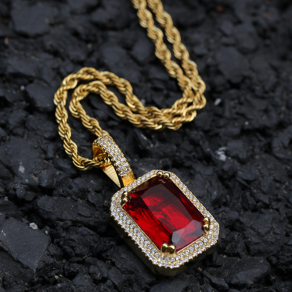 Iced Rectangular Gemstone Pendant Necklace for Women – Gold or Silver Plated Hip Hop Chain with Crystal Border product image