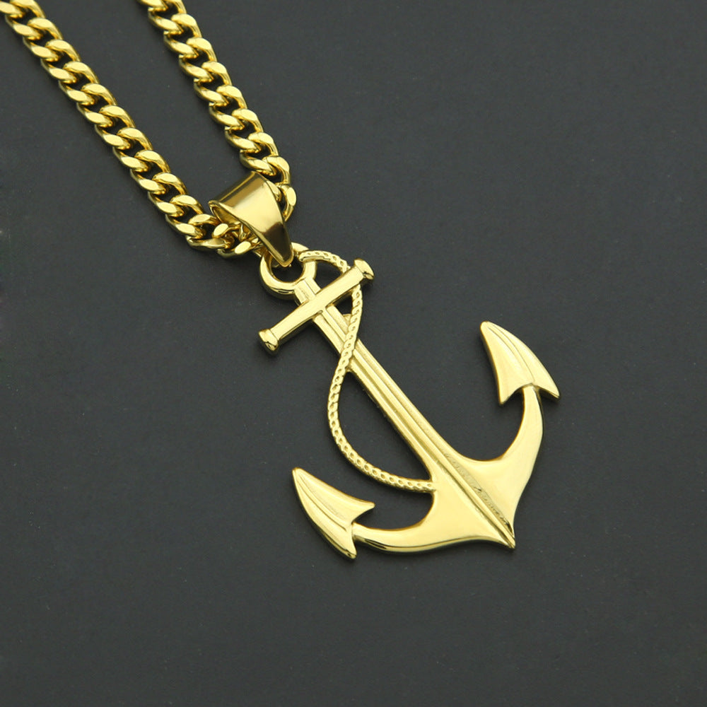 Unisex Gold Plated Stainless Steel Anchor Pendant Necklace with 5mm Cuban Chain product image