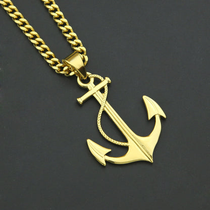 Unisex Gold Plated Stainless Steel Anchor Pendant Necklace with 5mm Cuban Chain