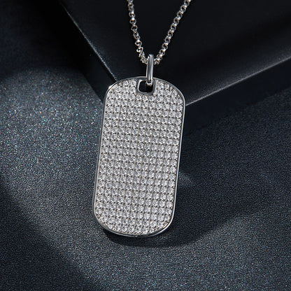 VVS Moissanite Rectangle Pendant Necklace, Paved Dog Tag Chain