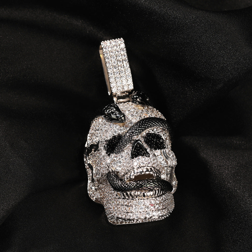 Skull Pendant Necklace with Snake Detail and Cubic Zirconia, Silver Tone Statement Chain Necklace for Women