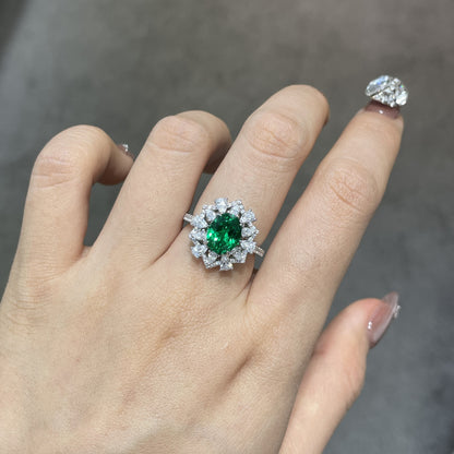 Green Halo Ring for Women, Oval Green Gemstone Promise Ring, S925 Silver