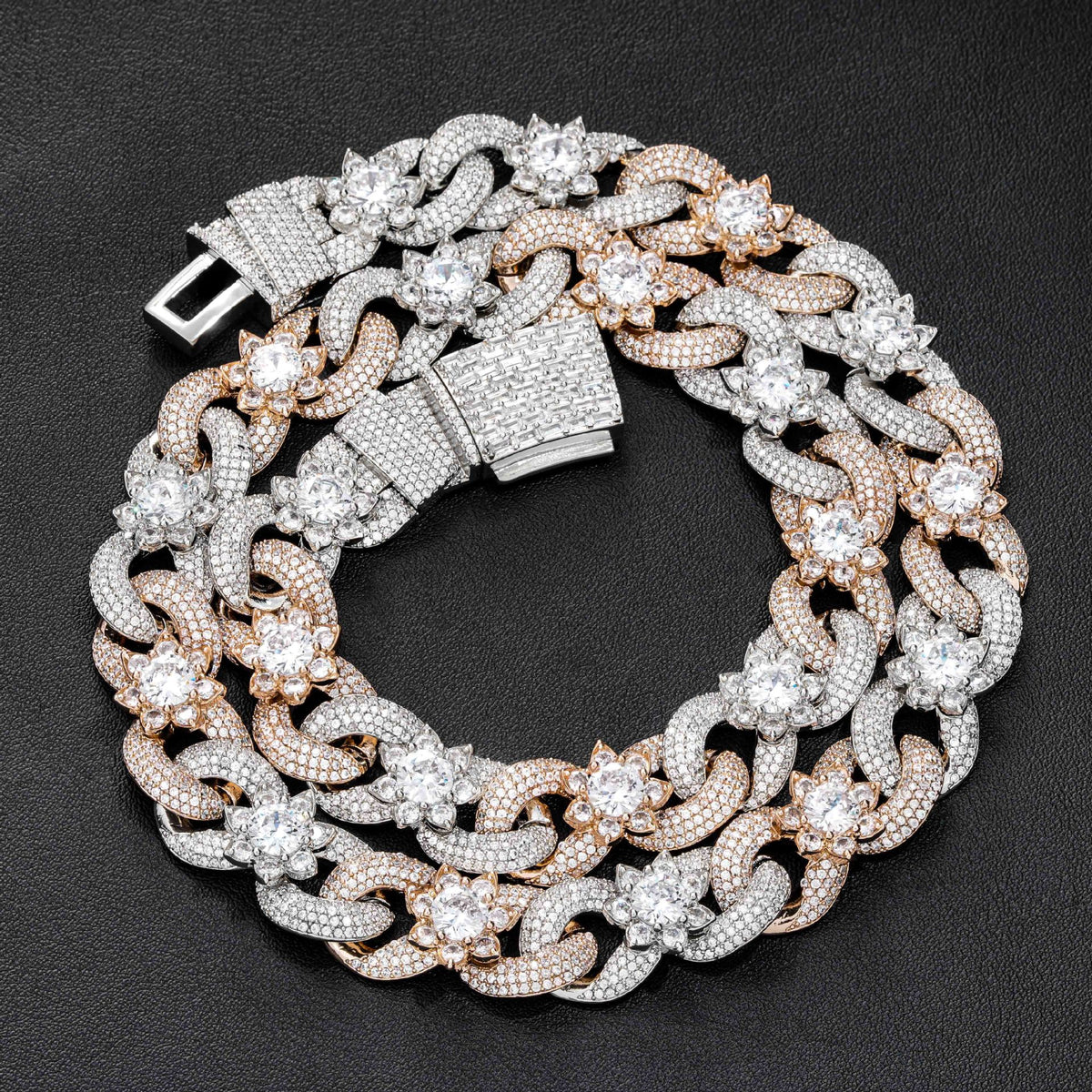 Iced Out Floral Cuban Link Chain Necklace, Two-Tone Hip Hop Style product image