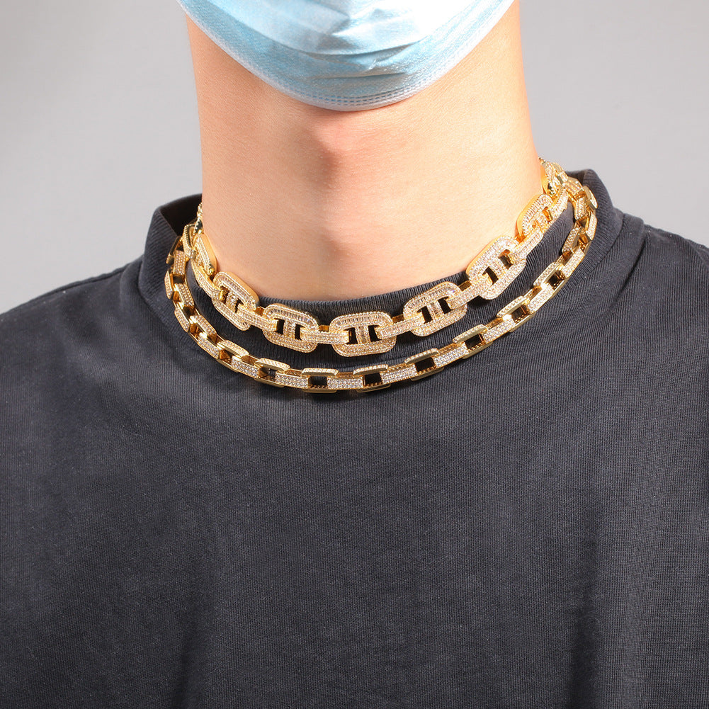 Iced Out Rectangular Link Chain Necklace Pendant for Women & Men - Gold Plated, Silver Plated or Pink White Cubic Zirconia Statement Hip Hop Chain