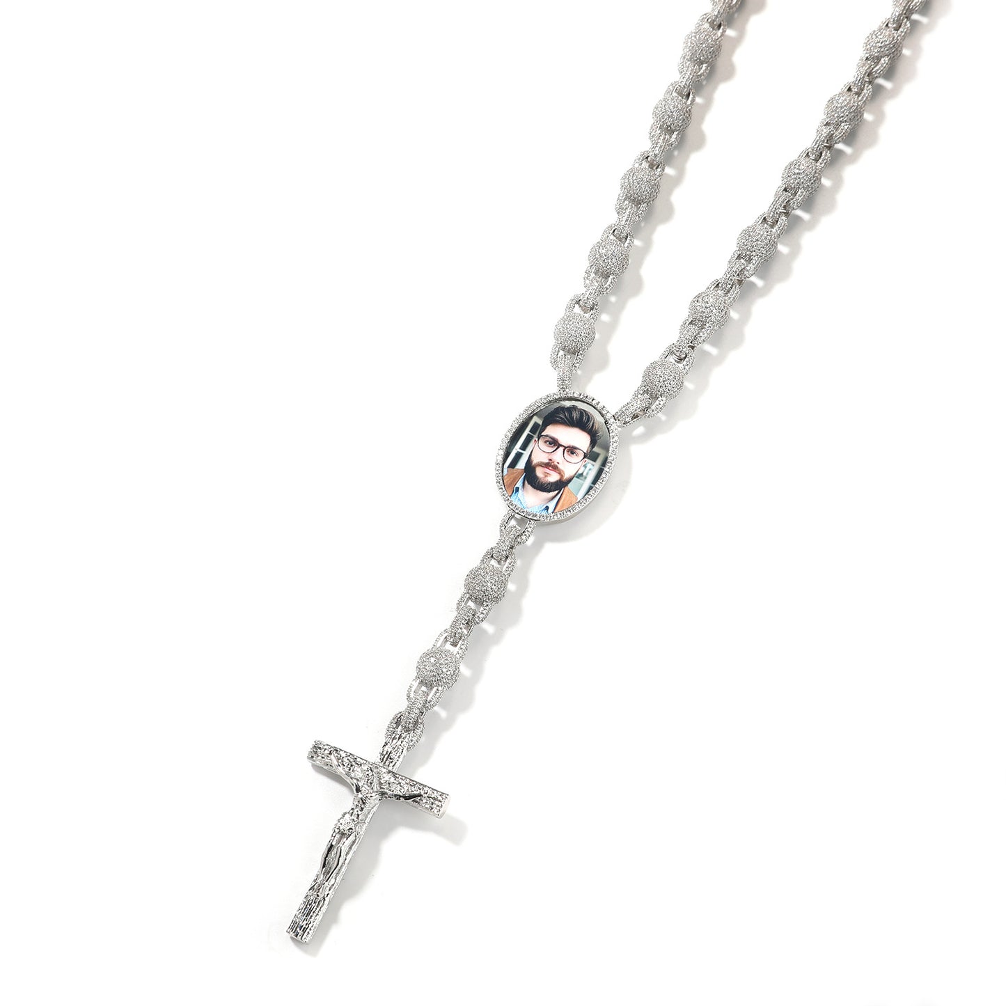 Unisex Iced Circular Photo Pendant Necklace with Cross Drop - Gold or Silver Color Cubic Zirconia Hip Hop Chain