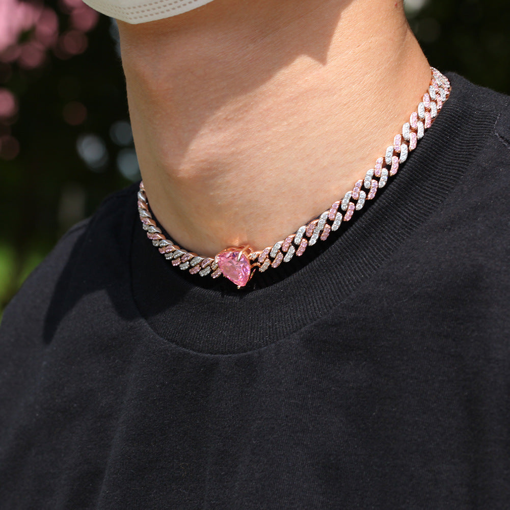 Unisex Pink Heart Cubic Zirconia Cuban Chain Necklace Anklet - Iced Out Statement Charm Jewelry