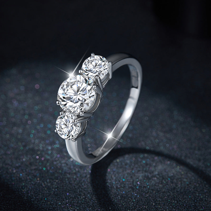 Moissanite Three-Stone Ring for Women, 925 Silver, 6.5mm Round Cut product image