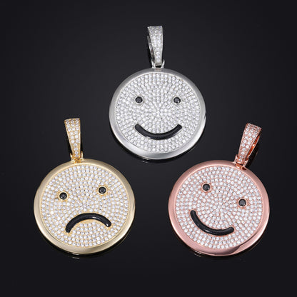 Iced Out Smiley Face Pendant Necklace, Rope Chain Hip Hop Zircon Jewelry