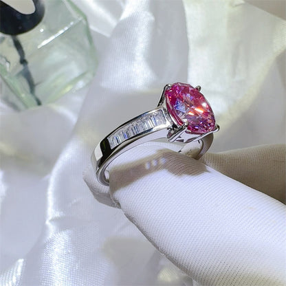 3 Carat Pink Moissanite Ring for Women, Oval Halo-Style Engagement Ring with Side Stone Band