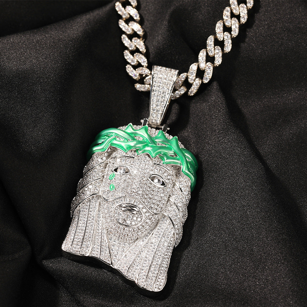 Iced Out Jesus Head Pendant Necklace for Men, Gold Tone Copper Chain with Cubic Zirconia Hip Hop Statement Pendant, 24 Inch Rope Chain