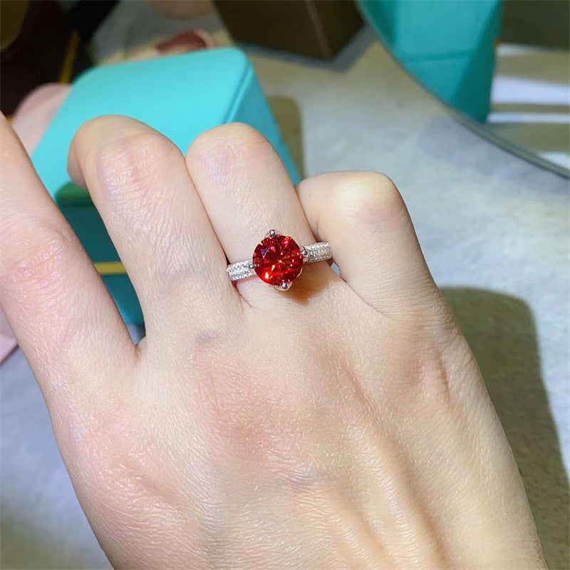 2 Carat Pigeon Blood Red Moissanite Ring with Pavé Band for Women product image