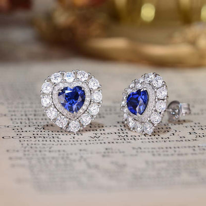 Blue Heart Stud Earrings for Women, Created Sapphire Halo Earrings