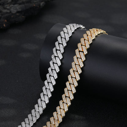 Iced Out Cuban Link Chain Necklace Bracelet in Rose Gold Tone, 14mm Hip Hop Statement Jewelry