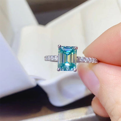 Green Emerald Cut Moissanite Ring for Women, Geometric U-Shape Pavé Band Promise Engagement Ring