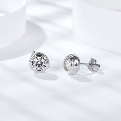 Moissanite Stud Earrings, Round Bezel 50-Point White Gold-Plated Earrings